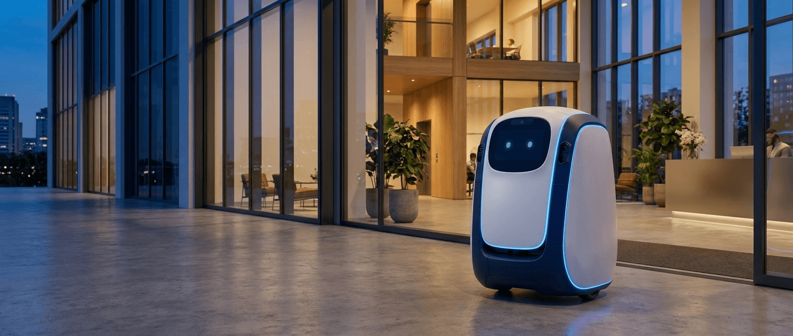 Akşam saatinde modern ofis girişinde IQ servis robotu
