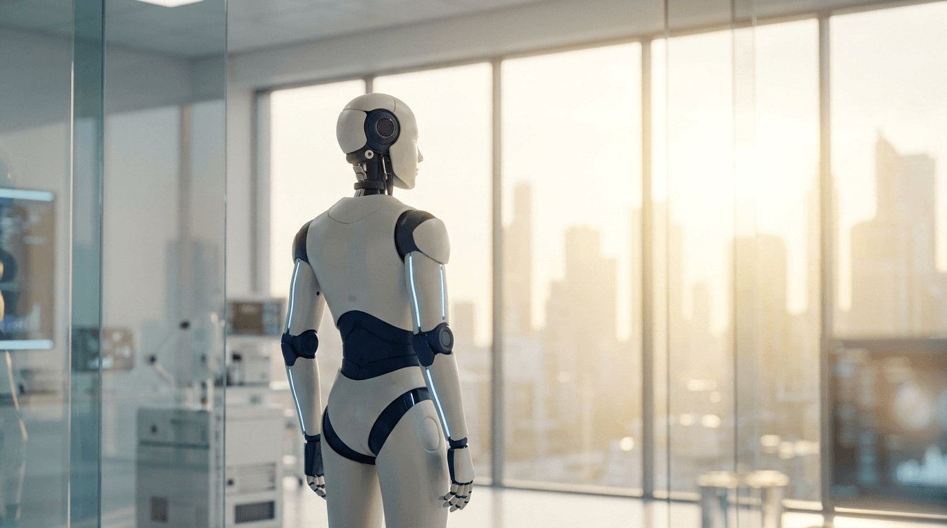 Ar-Ge laboratuvarında pencereye bakan insansı robot prototipi — gelecek vizyonu