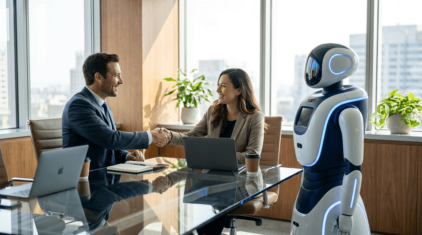 İki profesyonel modern toplantı odasında el sıkışıyor, yanlarında IQ servis robotu