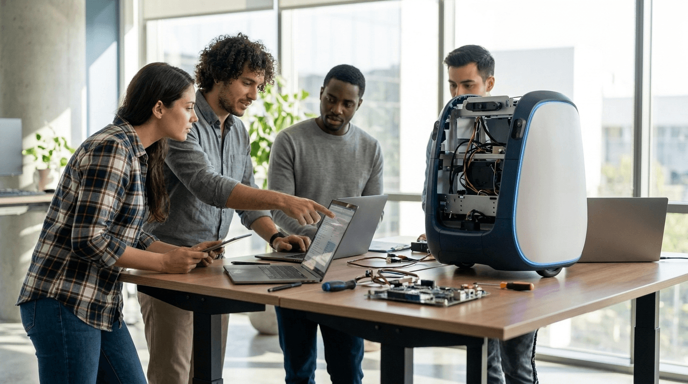 IQ Robot mühendislik ekibi ofiste robot şasesi üzerinde çalışıyor