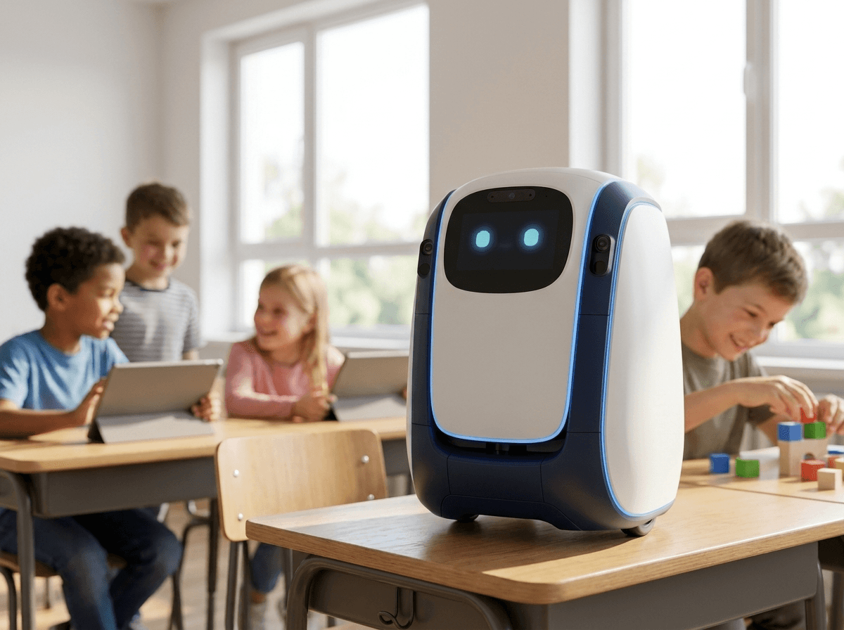 IQ Edu eğitim robotu sınıfta bir sıranın üzerinde