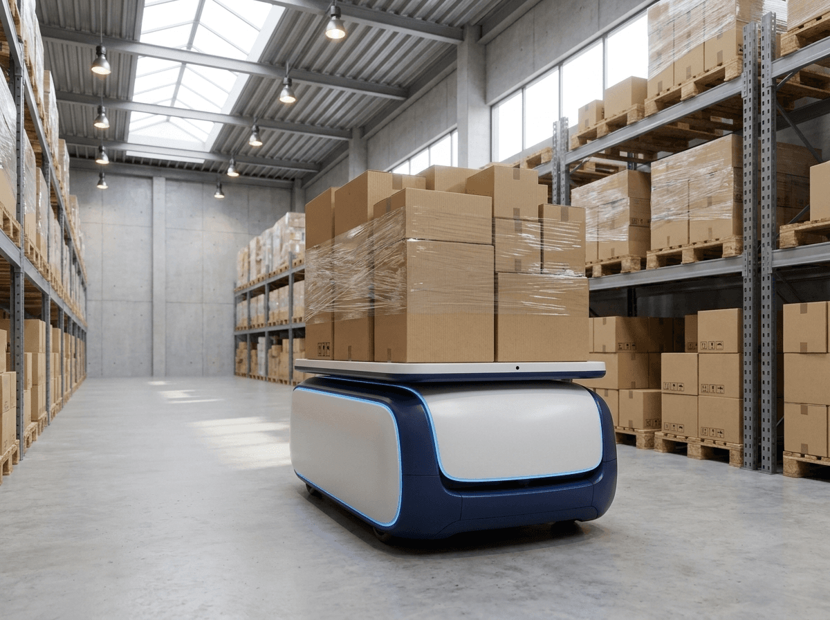IQ Move lojistik robotu depoda kutu taşırken