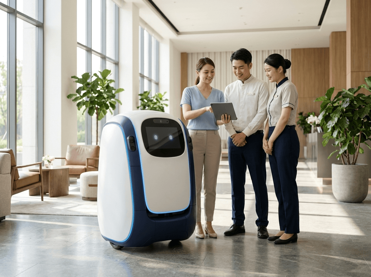 IQ Robot eğitmeni otel ekibine robot kullanımını gösteriyor